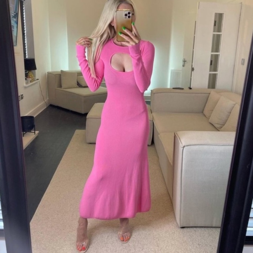Zara new bubblegum pink bandage knit cut out long sleeve dress